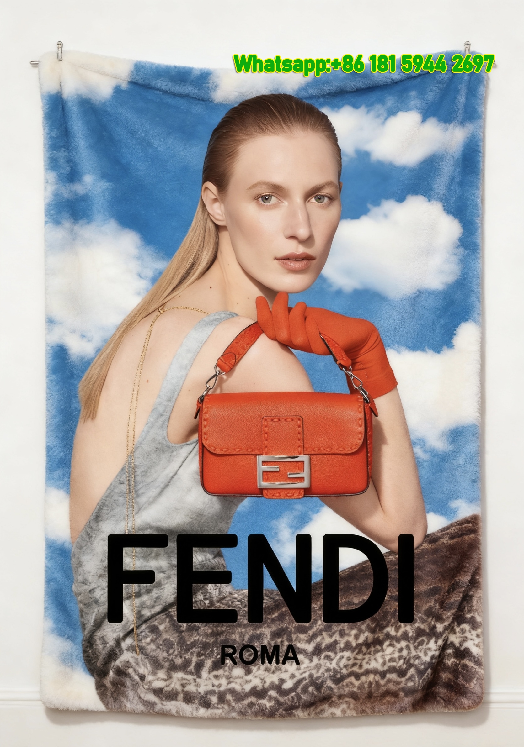 Fendi Bright Red & Sky Blue Flannel Sofa Throw Blanket Wall Decor IMG_9535